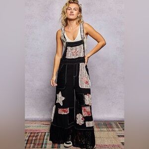 POL Double Gauze Overalls  Patchwork Lace bottom Jumpsuit - Black